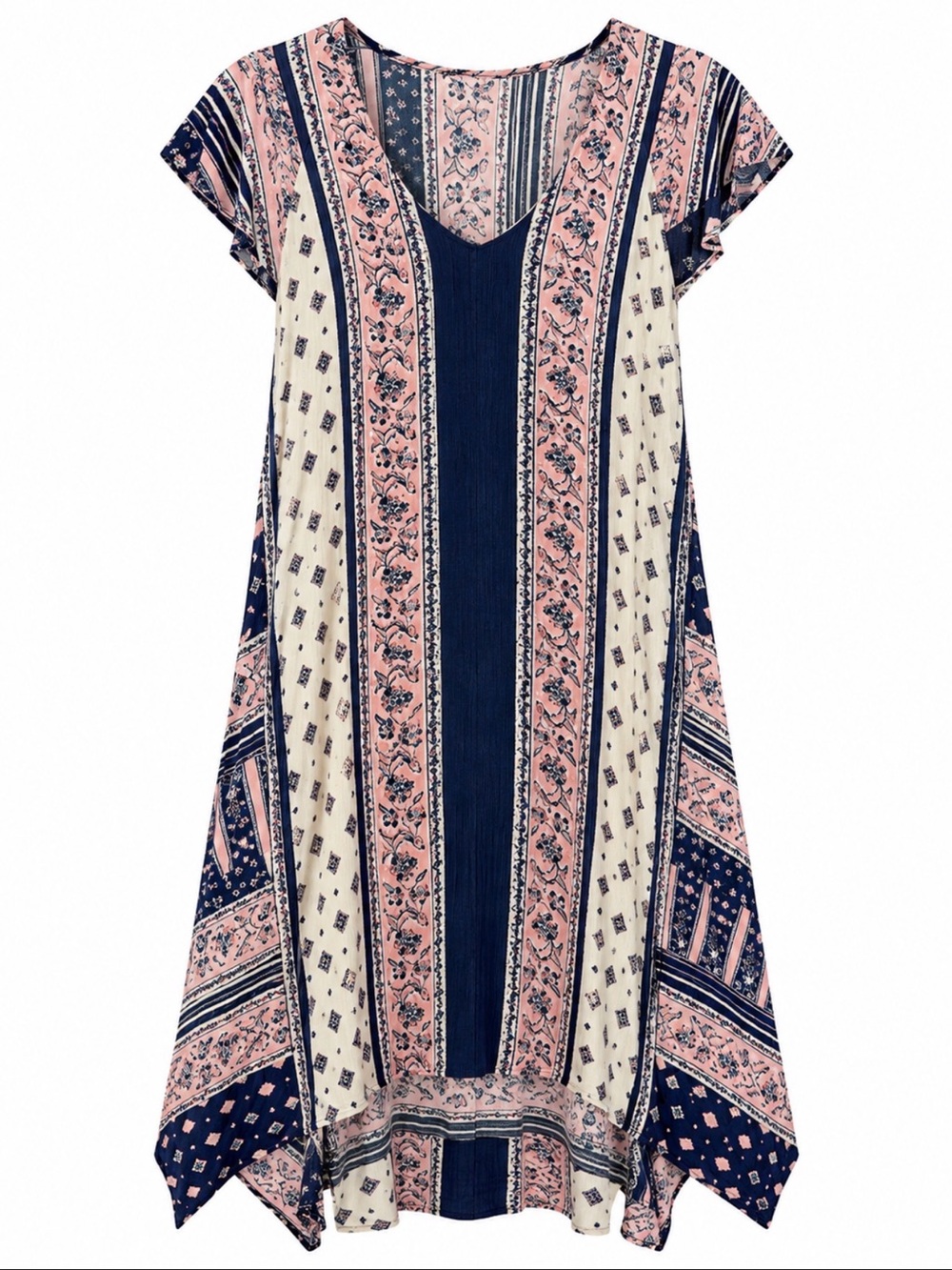 Anthropologie Navy, Pink & Cream Floral-Stripe Swing Dress Small